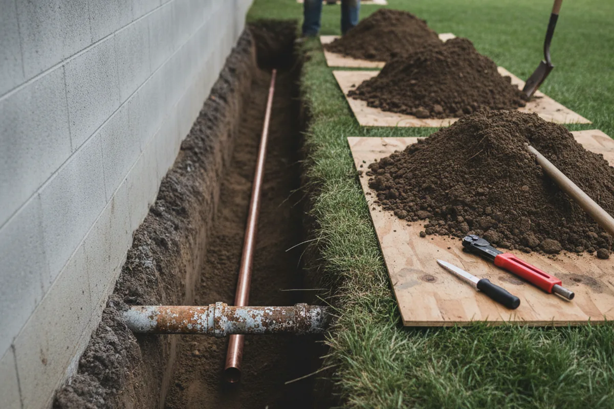 Excavated water line trench during Water Softener Installation in Artesia